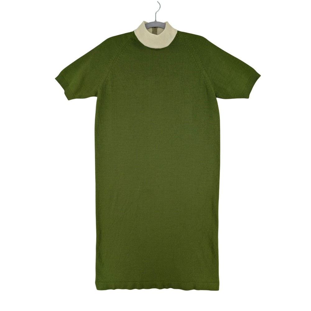 M Vintage 60s Green Short Sleeve Mock Neck Knit Sweater Column Dress Twee Mod